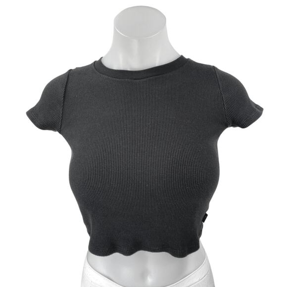 Aritzia TNA Women Black Sculpt Short Sleeve Ribbed Knit T Shirt Tee Crop Top XXS - Picture 1 of 4